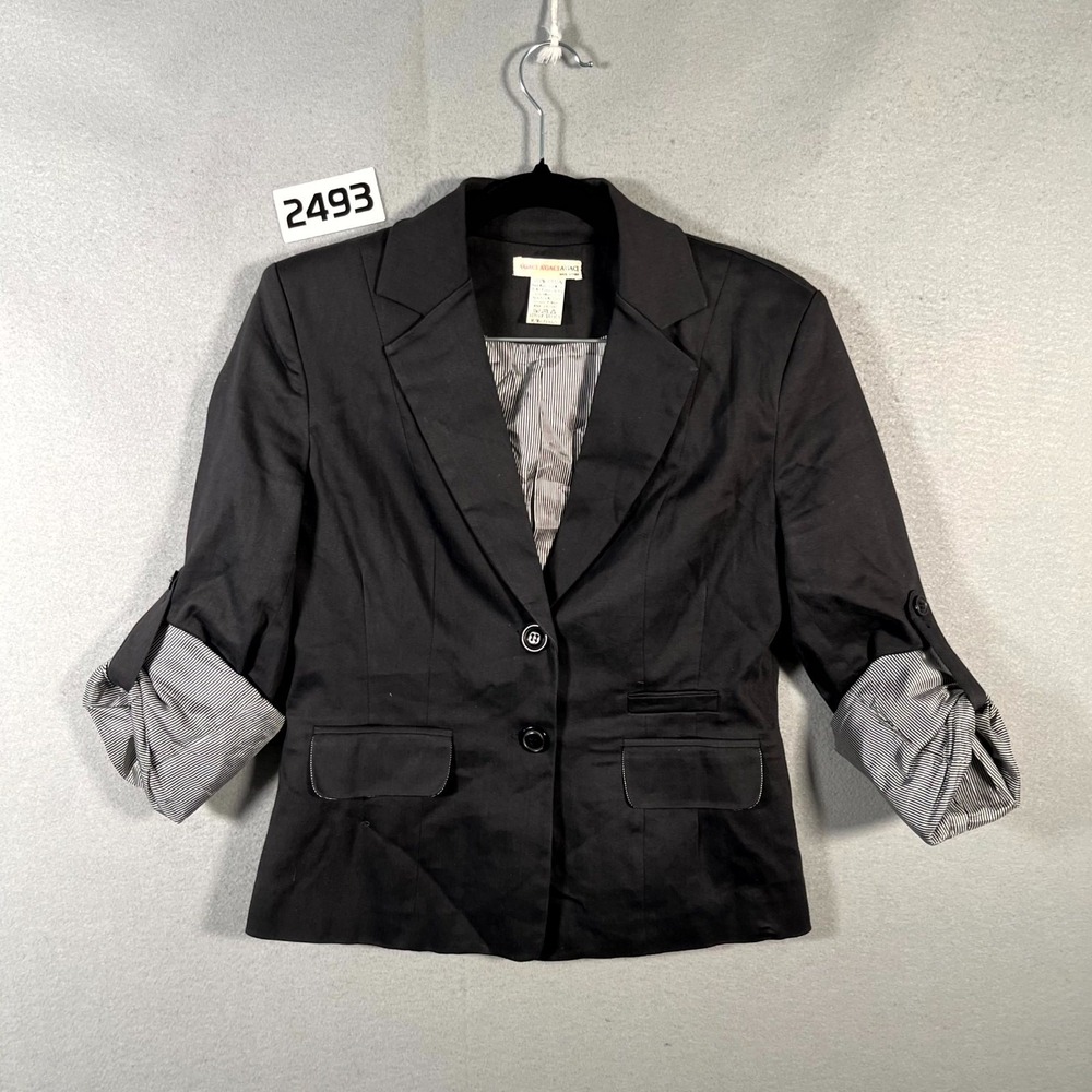 Agaci Blazer Womens Medium Black Cotton Roll Tab Sleeve Notch Lapel 2‎ Button